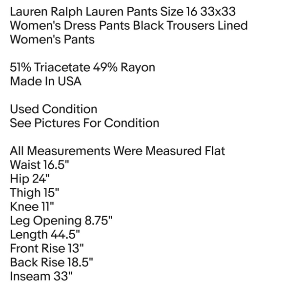 Lauren Ralph Lauren Pants Size 16 33x33 Women's Dress Pants Black Trousers Lined - Picture 6 of 6